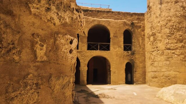 Beautiful old medieval fortress Ribat of Monastir, Tunis with view of inside and outside on the sea, beach, graveyard and other monuments