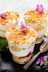 Catering buffet for events. Desserts in glass cups