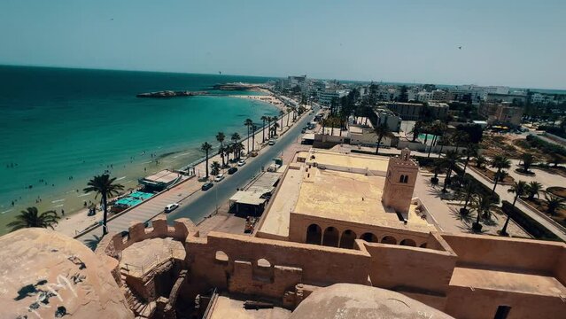 Beautiful old medieval fortress Ribat of Monastir, Tunis with view of inside and outside on the sea, beach, graveyard and other monuments