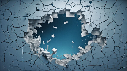 hole in damaged wall with cracks illustration, concept of breach - 651891482