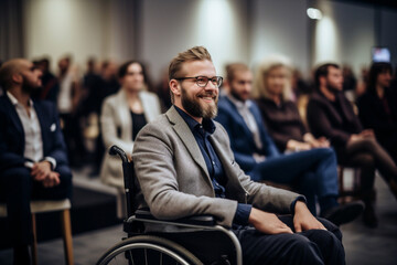 Male man businessman caucasian mobility business businessteam disability sitting professional urban lifestyle chair wheelchair - obrazy, fototapety, plakaty
