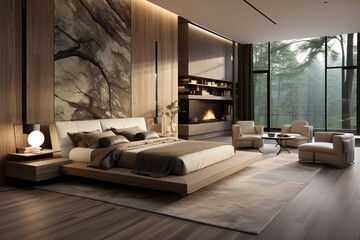 Interior design for bedroom in minimalistic nordic luxury style with marble wall and big panorama glass window