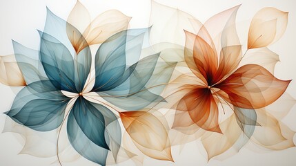 Leaves and flowers in transparent watercolor style. Image in watercolor style. Beautiful light and bright background. Generative AI. - obrazy, fototapety, plakaty