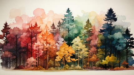 Image of a forest in watercolor style. Background with a beautiful coniferous forest in a watercolor style. Generative AI.