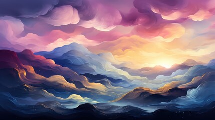 The clouds are purple-pink. Painted clouds. Abstract background with colorful clouds. Artistic painting, background texture, wallpaper, with oil or acrylic strokes. Generative AI
