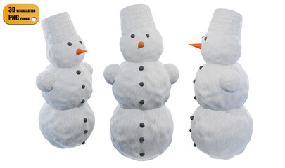 Realistic textured snowman in three angles and in high resolution. 3D rendering without background.