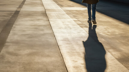 A single person walking away with a distinct shadow, urban city life
