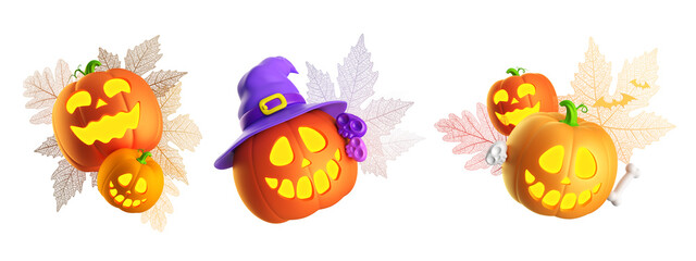 3d render, set of traditional Happy Halloween ornaments and decorations. Autumn holiday clip art isolated on white background. Collection of festive arrangements