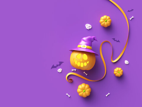 Happy Halloween with Jack-o-Lantern pumpkins, bat, hat witch and ribbon on purple background, traditional october holiday, 3d rendering.