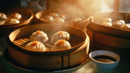 Piping hot delicious bamboo steamer of soup dumplings, chinese xiao long bao, dim sum, close up food photography - obrazy, fototapety, plakaty