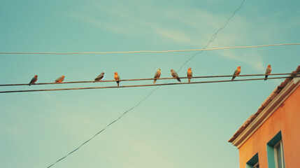 Group of colorful birds sitting on a wire with a light blue sky background