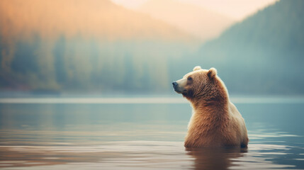 A brown bear relaxing by a lake - obrazy, fototapety, plakaty