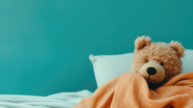 A cute teddy bear relaxing in a bed with blankets, teal background