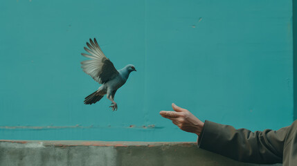 A pigeon flying towards man's hand, green background