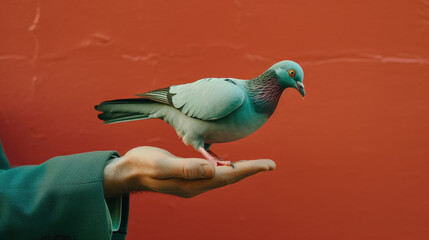 A pigeon on a man's hand, red background