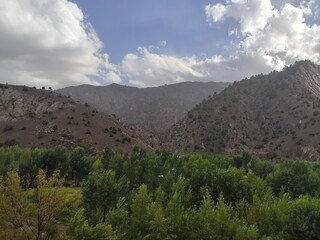Fototapeta na wymiar Végétation bien dense, Atlas Maroc, dans une zone montagneuse et végétation colorée, dans l'Atlas Maroc, tombée de la nuit, ciel nuageux, ruisseau d'eau, rochers, terre rouge contrastée, ter