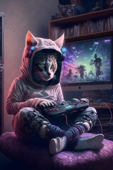 an humanoid cat as a teen geek playing video games full body 8k cinematic 