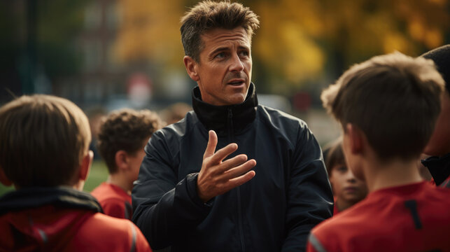 A dedicated football coach instructing a group of young players on serving techniques during a practice session.