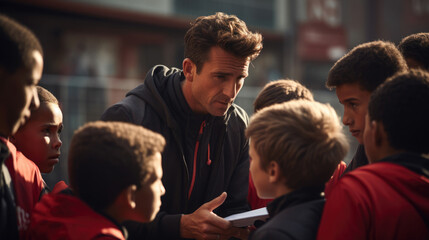 A dedicated football coach instructing a group of young players on serving techniques during a practice session.