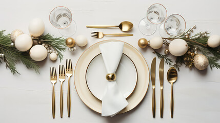Top view of cutlery and empty plate surrounded by Christmas holiday decorations on flat pastel background. New Year's Eve Dinner.  - obrazy, fototapety, plakaty