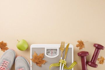 Stylish fitness in the fall. Top view shot of weight scale, sneakers, tape measure, dumbbells, green apple, cutlery, dry autumn leaves on pastel beige background with ad placement