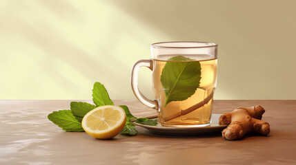 Vitamin healthy delicious tea with mint leaves and ginger in glass cup on pastel flat background with copy space, banner template. 