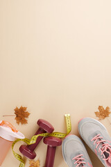 Body makeover for autumn idea. Top view vertical flat lay of sneakers, tape measure, dumbbells,...