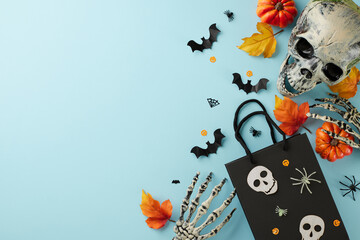 Get gorgeous deals for Halloween. Top view photo of black package, skull, skeleton hands, pumpkins,...