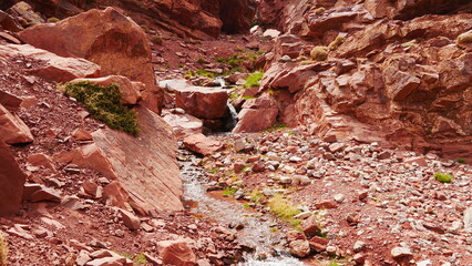 Circulation de l'eau entre des roches rouges ou oranges, dans une zone désertique, sauvage, montagneuse et rocheuse, avec un peu de verdure, jaune et vert, traversée inconnue, eau de source, 