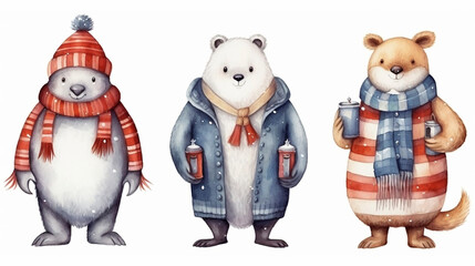 Set of watercolor characters isolated on white background. Polar bear, fox, penguin, snowman and Santa Claus. Design elements for postcard, greeting card, christmas card. Christmas decorations. - obrazy, fototapety, plakaty