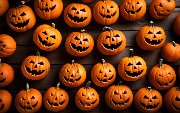 Lots of halloween pumpkins head with evil faces top view, halloween background