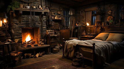 Obraz na płótnie Canvas The rustic and cozy bedroom of an 1800s