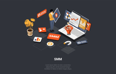 Social Media Marketing And Online Promotion. SMM Manager Develop Successful Strategy And Marketing Funnel. Man Control Statistics Of Advertisement Campaign Develop. Isometric 3d Vector illustration