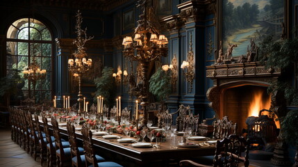 Within a 1500s Russian castle the intricate dining room - obrazy, fototapety, plakaty