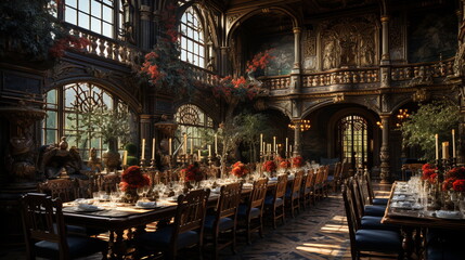Within a 1500s Russian castle the intricate dining room - obrazy, fototapety, plakaty