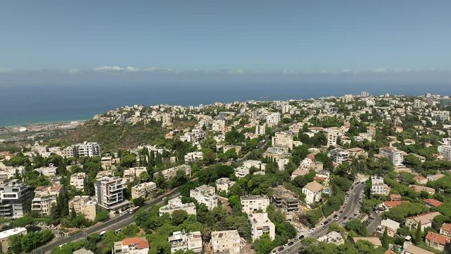 Haifa central carmel houses Moriah street area overlooking The Mediterranean sea, Aerial  view