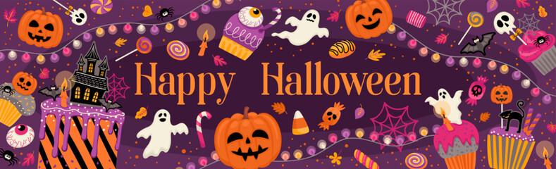 Halloween illustration. Decorated cupcakes, muffins, pastries sweets candies Vector template for banner, card, poster, web and other