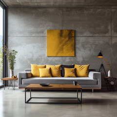 a gray and yellow living room with a sofa and coffee table