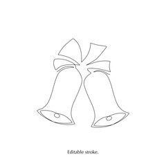 Christmas jingle bell hand draw one single line. Vector stock illustration isolated on white background for design template winter greeting card, banner for sale. Editable stroke. 