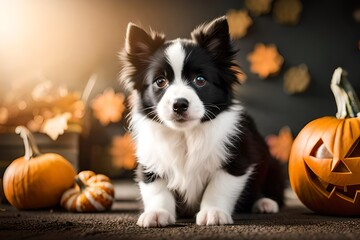 border collie puppy with pumpkin