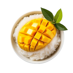 Top view of Thai food Khao Neow Mamuang (Mango with Sticky Rice) isolated on a white transparent background 