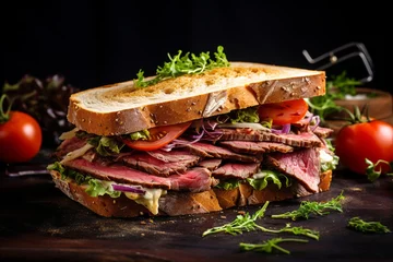 Fotobehang Roast beef sandwich with tomato, onion, lettuce and mustard sauce on dark background. ai generative © Oleksandr