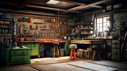 Interior garage with mechanic tools. ai generative