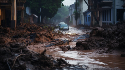 mud with water flows in a large stream along the street from the flood, after a downpour or a mudflow. ai generative