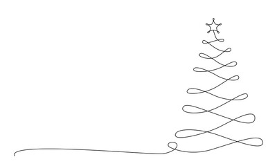 Christmas tree - hand drawing one single continuous line. Vector stock illustration isolated on white background for design template winter banner, greeting card, invitation. Editable stroke.
