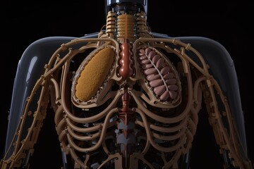 This is an illustration of a plastic model of the human torso with the skin removed, showing the internal organs and the blood vessels.