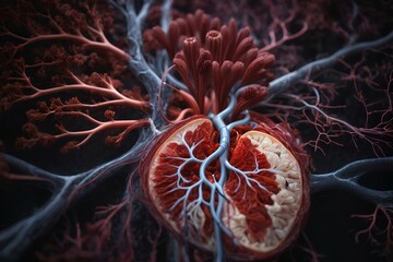 A 3D rendering of a cross-section of a human brain with blood vessels. The image is in a dark red and blue color scheme. The blood vessels are shown in red and the brain tissue is shown in white.