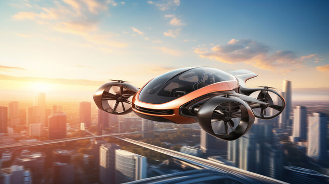 generic futuristic manned roto passenger drone flying in the sky over modern city for future air transportation. ai generative