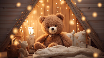 cute teddy bear in children's bed. ai generative