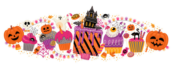 Halloween illustration. Decorated cupcakes, muffins, pastries sweets candies Vector template for banner, card, poster, web and other